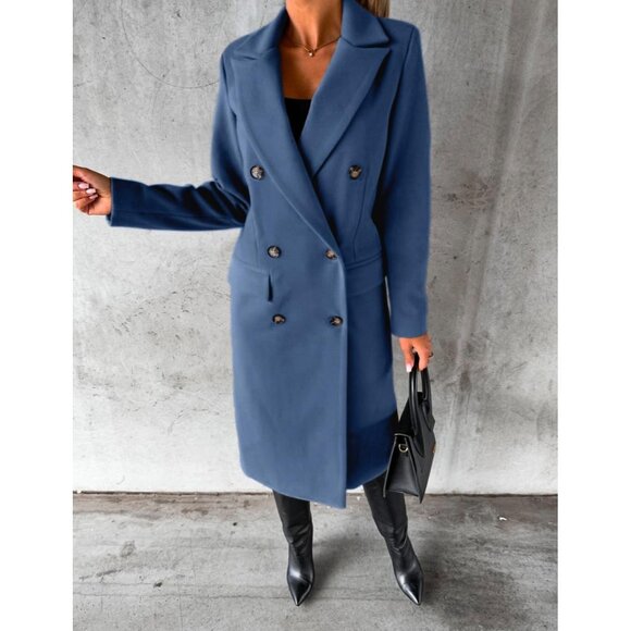 💫 Women Blue Long Wool Coat Double Breasted Fall Winter Clothes Trench Coat - Picture 4 of 4